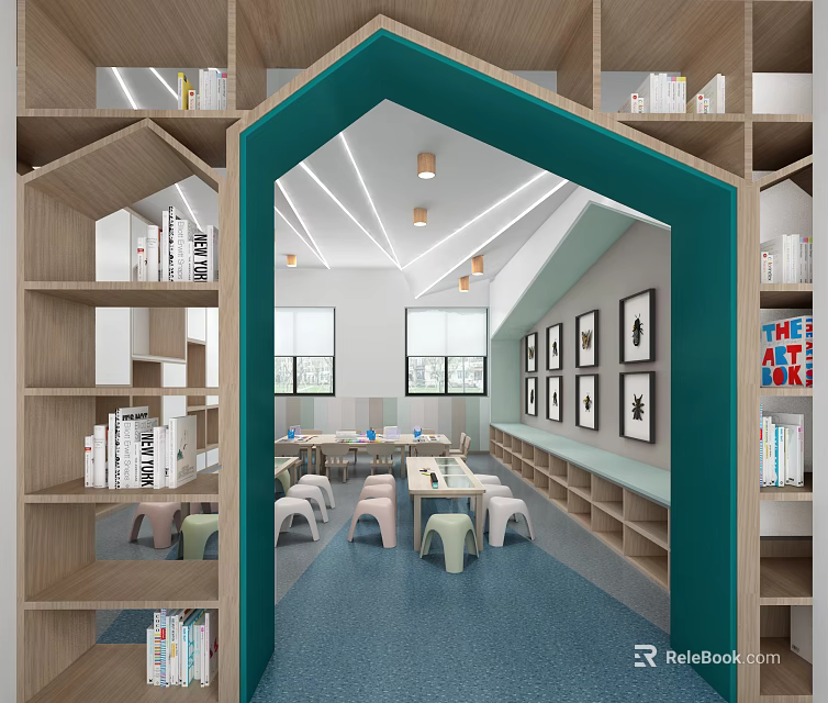 Bright Spacious Kindergarten Classroom With Wooden Bookshelves Colorful Seats And Decorative Paintings 3d model 