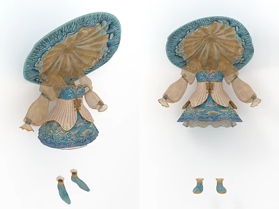 Doll Clothes Blue Dress With Matching Hat And Decorative Shoes Vintage Design 3d model