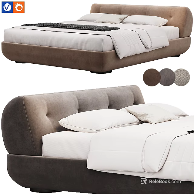 Modern Double Bed With Gray Upholstered Headboard And White Bedding 3d model