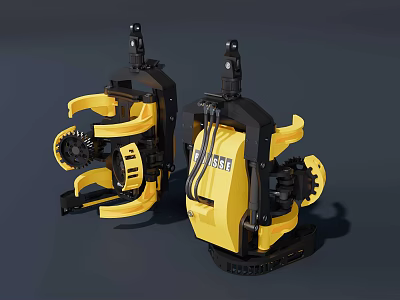 Two Yellow and Black Industrial Equipment Units with Mechanical Arms and Tracked Bases 3d model