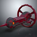 Red Mechanical Device With Large Wheel Cylindrical Body And Orange Light Detailed