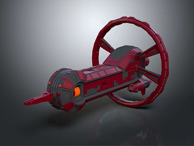 Red Mechanical Device With Large Wheel Cylindrical Body And Orange Light Detailed 3d model
