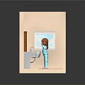 Bathroom Interior With Girl Washing Hands At Sink Mirror Window And Red Rug