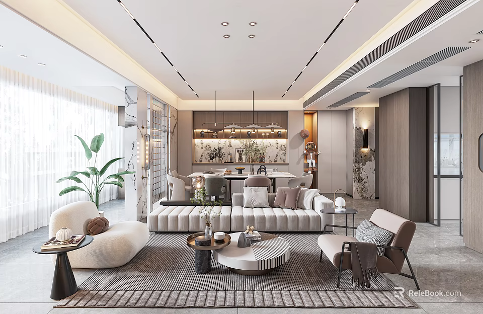 Modern Living Dining Room Interior Design With Sofa Coffee Table And Plant 3d model 