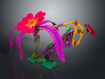 Decorative Weapon With Pink Flowers Purple Leaves And Yellow Structural Details On Green Base 3d model