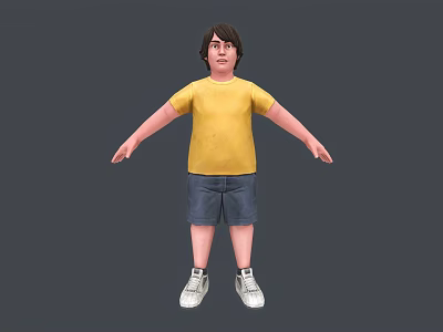3D Man Model Wearing Yellow T-shirt Blue Shorts White Sneakers With Arms Outstretched Gray Background 3d model
