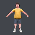 3D Man Model Wearing Yellow T-shirt Blue Shorts White Sneakers With Arms Outstretched Gray Background