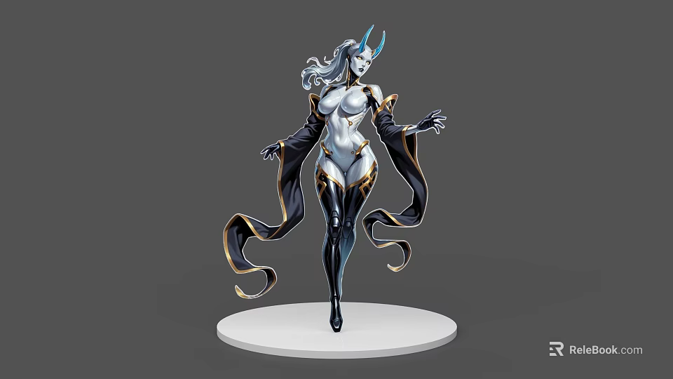 Game Movie Character 3D Model Featuring White Long Hair Horns Black Gold Cloak Tight Outfit 3d model 