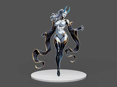 Game Movie Character 3D Model Featuring White Long Hair Horns Black Gold Cloak Tight Outfit 3d model