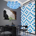 Modern Living Dining Room Interior Wooden TV Wall With LED Lighting Blue Chair And Decor