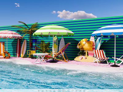 Green And Blue White Striped Beach Canopy Near Palm Trees Surfboards Deck Chairs Pool 3d model
