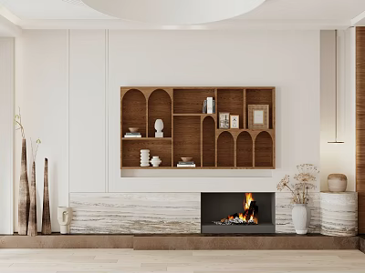 Modern TV Wall With Arched Wooden Shelves Fireplace And Marble Accents 3d model