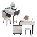Modern Dressing Table With Round Mirror Drawers And Stool For Bedroom 3d model