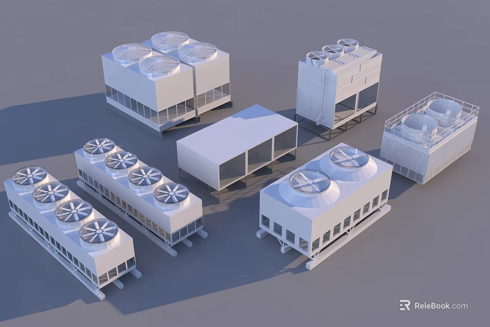 Industrial Equipment Cooling Towers And Chillers With Multiple Fan Units For Large Scale Applications 3d model 