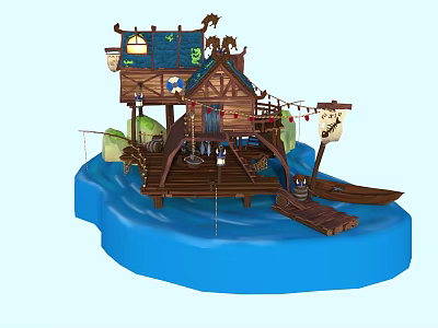 Cartoon Wooden Water Hut Scene With Blue Roof Lanterns Flags And Boat 3d model