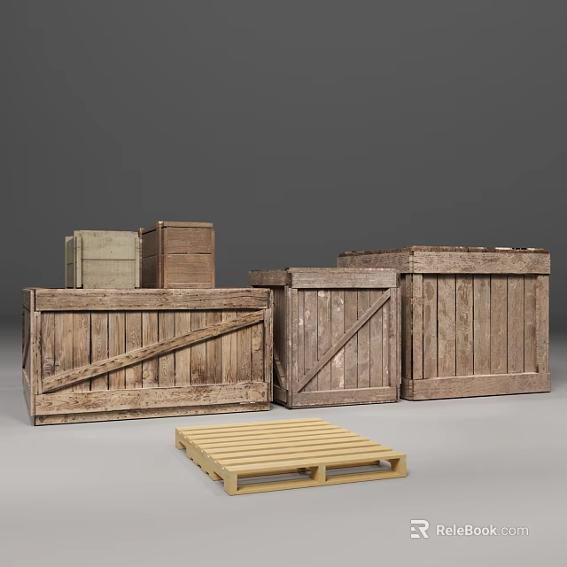 Rustic Wooden Crates With Various Sizes And A Wooden Pallet 3d model 