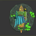 Small Boat Model With Blue Roof Green Decorations Lanterns And Lotus Leaves