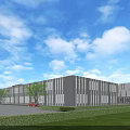 Modern Industrial Factory Exterior With Striped Windows Lawn Hedge Red Car Blue Sky White Clouds