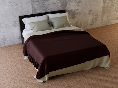 Double Bed Bedroom Interior With Black Headboard White Beige Pillows Dark Brown Comforter 3d model