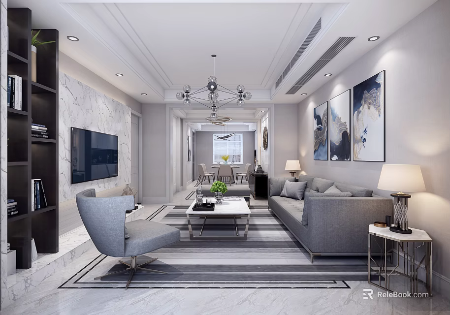 Modern Living Dining Room Interior With Gray Sofa Coffee Table TV Chandelier And Decorative Paintings 3d model 