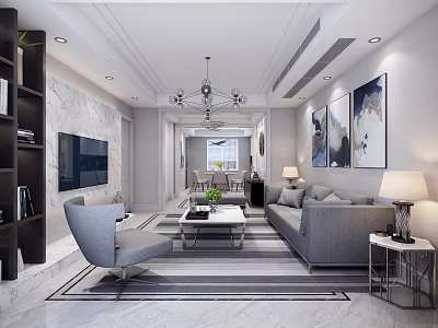 Modern Living Dining Room Interior With Gray Sofa Coffee Table TV Chandelier And Decorative Paintings 3d model