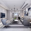 Modern Living Dining Room Interior With Gray Sofa Coffee Table TV Chandelier And Decorative Paintings