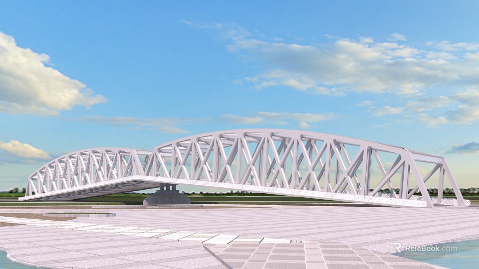 Modern White Truss Arch Bridge Design With Blue Sky And Open Plaza 3d model 