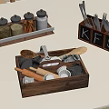 Wooden Kitchen Utensil Organizers With Spice Jars And Cooking Tools On Countertop