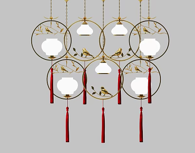 Oriental Style Chandelier with Golden Circular Frames Bird Decorations White Shades and Red Tassels 3d model