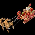 Christmas Red Sleigh Pulled by Golden Reindeer with Gifts and Decorations