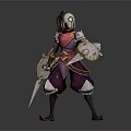 Armored Warrior In Red Purple Outfit With Mythical Creature Companion And Shield Dagger