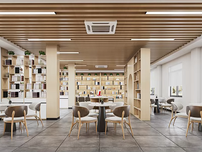 Artistic Library Interior Design With Bookshelves Chairs And Wooden Ceiling 3d model