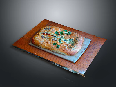 Golden Baked Flatbread With Fresh Herbs And Colorful Toppings On Wooden Tray 3d model