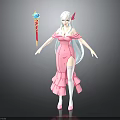 White Haired Character With Red Horns In Pink Dress Holding Magic Staff With Star Decoration