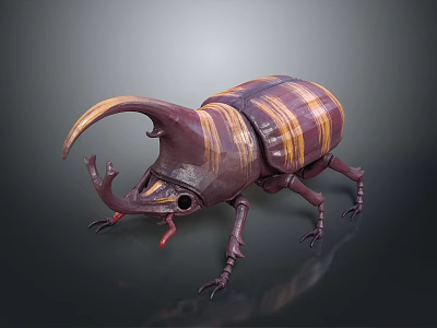 Artistic Beetle Sculpture Carving With Purple Yellow Striped Design And Detailed Horns Legs 3d model