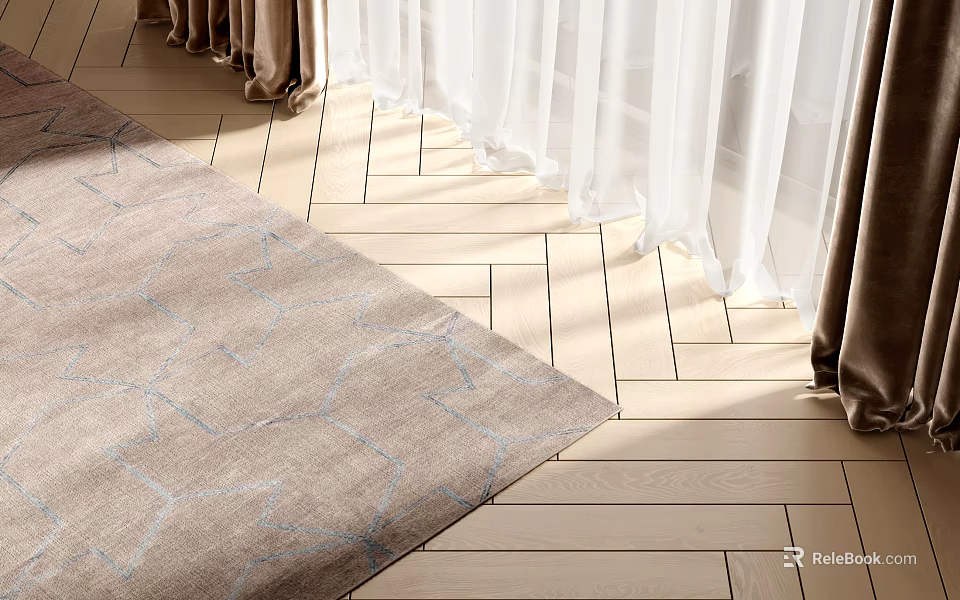Square Rug With Blue Patterns On Wooden Floor By Curtains 3d model 