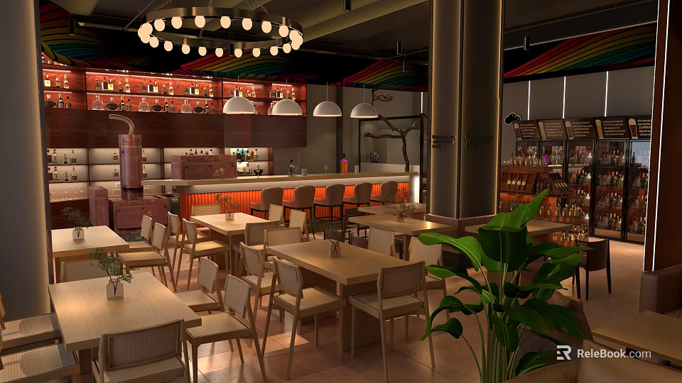 Modern Bar Interior With Chandelier Lighting Wooden Counter Tables Chairs And Green Plant 3d model 
