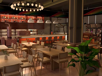 Modern Bar Interior With Chandelier Lighting Wooden Counter Tables Chairs And Green Plant 3d model