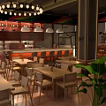 Modern Bar Interior With Chandelier Lighting Wooden Counter Tables Chairs And Green Plant