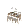Light Wooden Dining Table Set With Four Chairs Table Settings And Pendant Lights 3d model