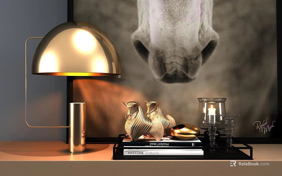Decorative Ornament Set With Table Lamp Horse Artwork Animal Figurines Gold Accents Tray And Books 3d model 