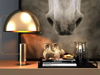Decorative Ornament Set With Table Lamp Horse Artwork Animal Figurines Gold Accents Tray And Books 3d model