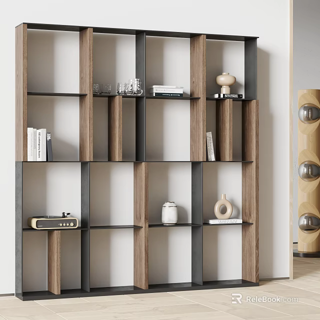 Modern Wooden and Black Frame Bookcase with Layered Shelves Books Decorative Items and Radio 3d model 