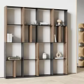 Modern Wooden and Black Frame Bookcase with Layered Shelves Books Decorative Items and Radio