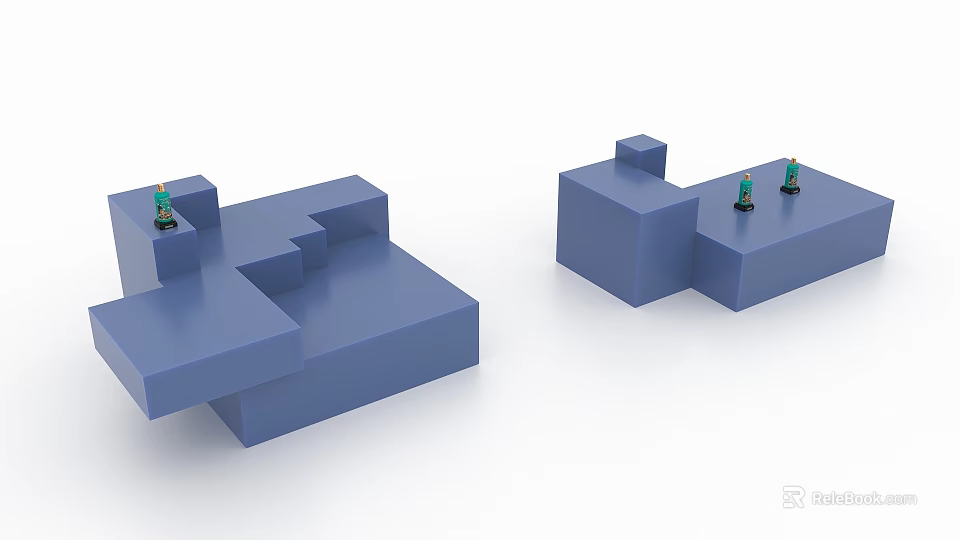 Two Blue Geometric Block Structures With Green Small Objects On Top 3d model 