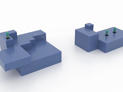 Two Blue Geometric Block Structures With Green Small Objects On Top 3d model
