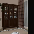 Wooden Bookcase With Glass Doors Holding Books And Decorative Items Indoor With Plants And Curtains