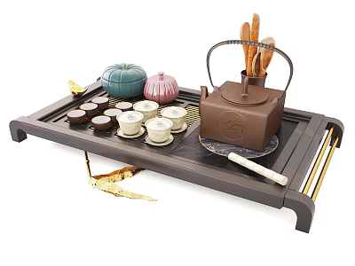 Elegant Tea Set on Dark Wooden Tray with Gold Trim Brown Teapot and Small Teacups 3d model