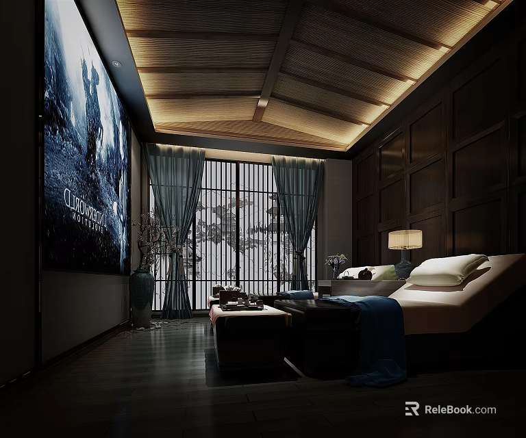 Luxurious SPA Sauna Interior With Wooden Ceiling Massage Bed And Soft Lighting 3d model 