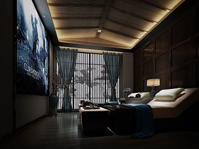 Luxurious SPA Sauna Interior With Wooden Ceiling Massage Bed And Soft Lighting 3d model
